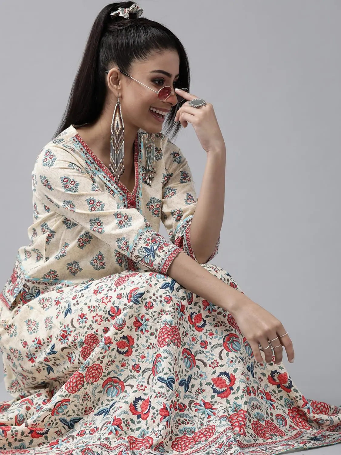 Beige Floral Top Skirt Set - Women's Cotton Ethnic Lehenga