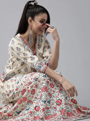 Beige Cambric Floral Print Top Skirt Set With Rubber-Band