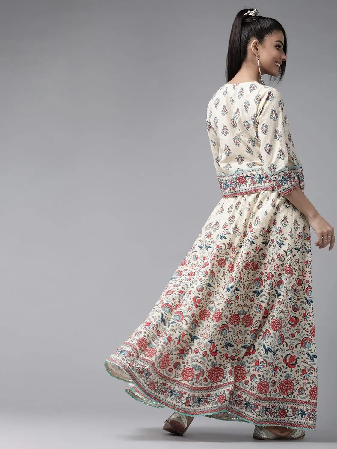 Beige Floral Top Skirt Set - Women's Cotton Ethnic Lehenga
