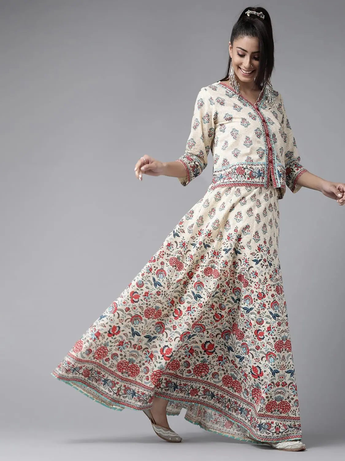 Beige Cambric Floral Print Top Skirt Set With Rubber-Band