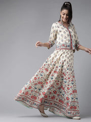 Beige Cambric Floral Print Top Skirt Set With Rubber-Band