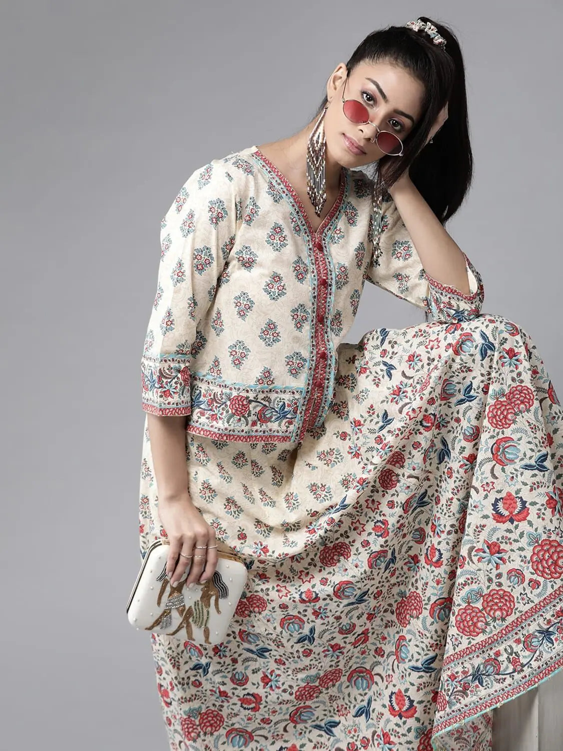 Beige Floral Top Skirt Set - Women's Cotton Ethnic Lehenga