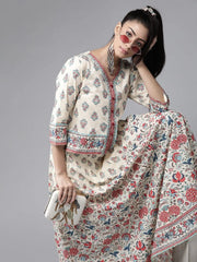 Beige Cambric Floral Print Top Skirt Set With Rubber-Band