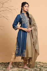 Darkteal Rayon Printed Straight Kurta Dupatta Set With Rubber-Band