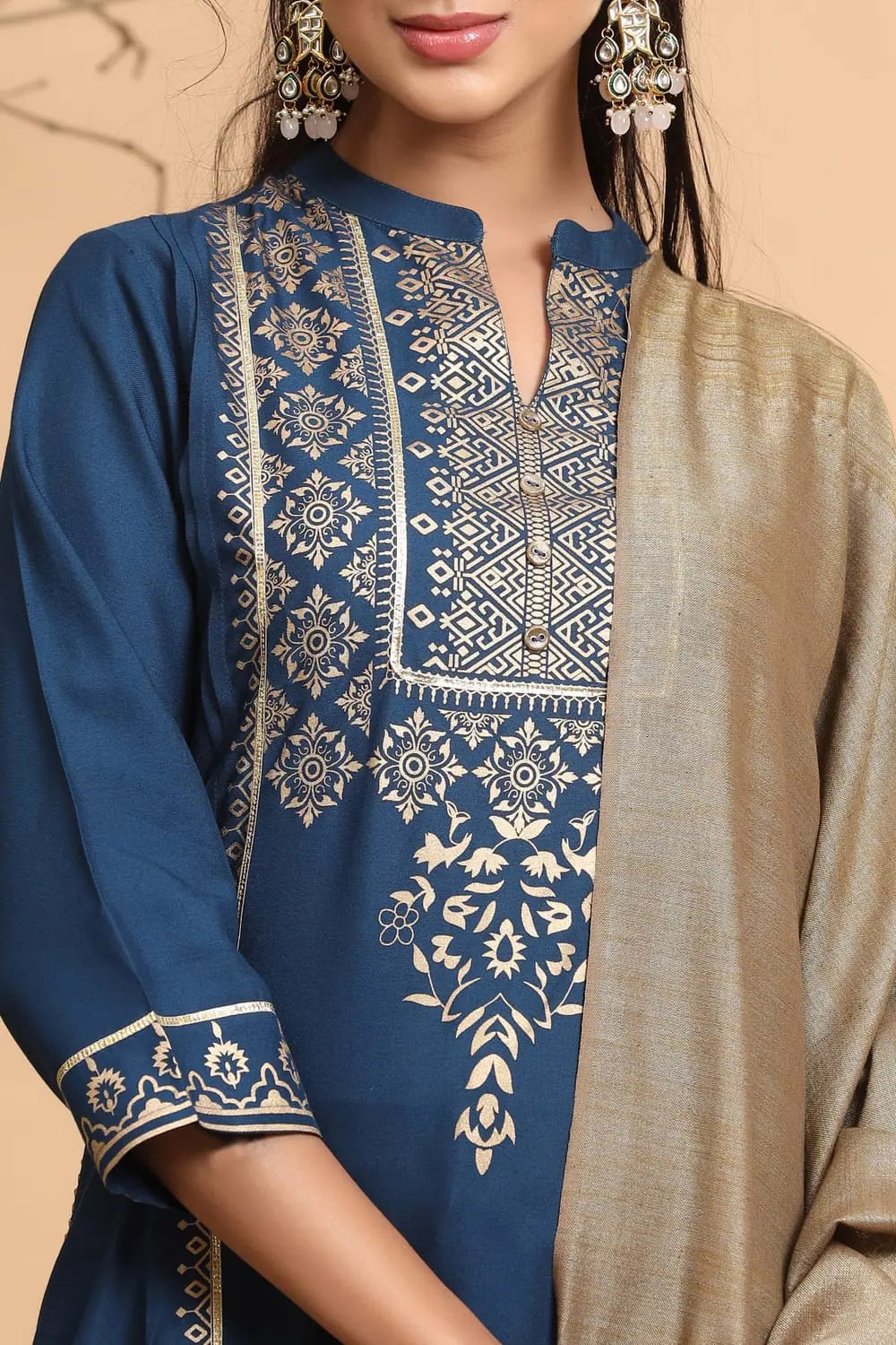 Dark Teal Printed Kurta Set: Women's Kurta Set with Dupatta