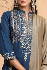 Darkteal Rayon Printed Straight Kurta Dupatta Set With Rubber-Band