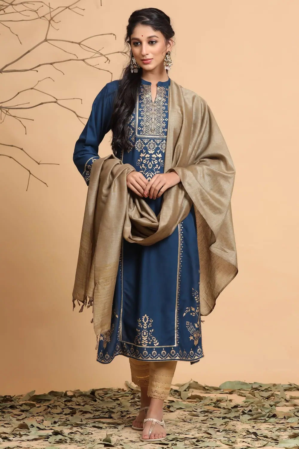 Dark Teal Printed Kurta Set: Women's Kurta Set with Dupatta