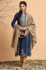 Darkteal Rayon Printed Straight Kurta Dupatta Set With Rubber-Band