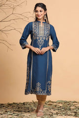 Darkteal Rayon Printed Straight Kurta Dupatta Set With Rubber-Band