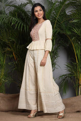 Ivory Rayon Crepe Embroidered Peplum Crop-Top With Cambric Palazzo