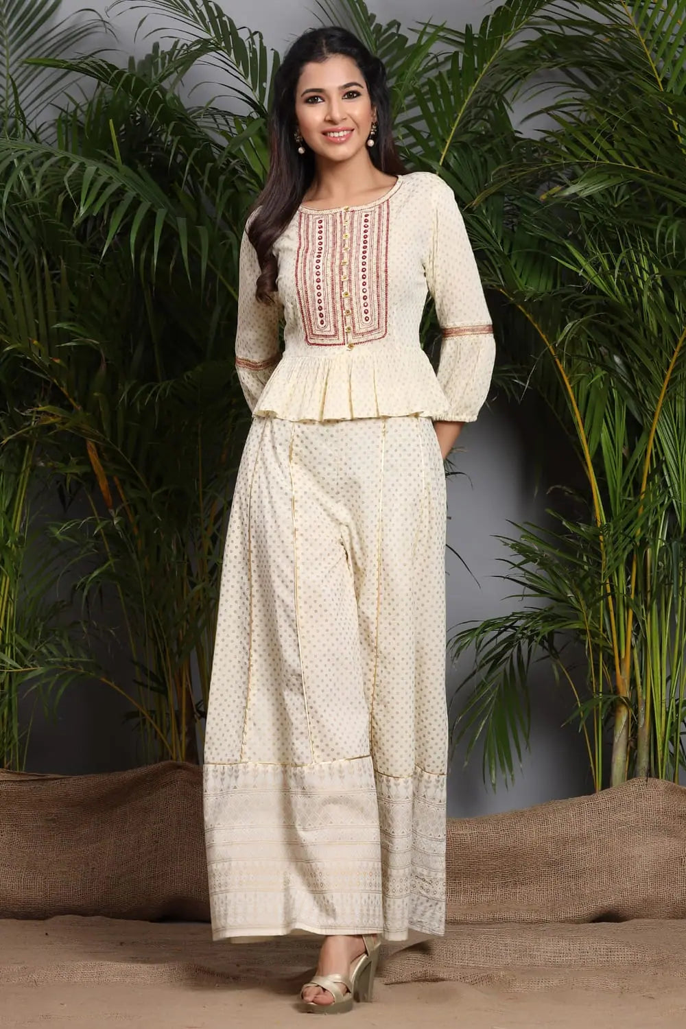 Ivory Rayon Crepe Embroidered Peplum Crop-Top With Cambric Palazzo