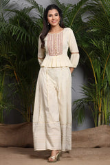 Ivory Rayon Crepe Embroidered Peplum Crop-Top With Cambric Palazzo