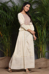 Ivory Rayon Crepe Embroidered Peplum Crop-Top With Cambric Palazzo