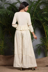 Ivory Rayon Crepe Embroidered Peplum Crop-Top With Cambric Palazzo