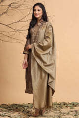 Brown Rayon Printed Straight Kurta Dupatta Set With Rubber-Band