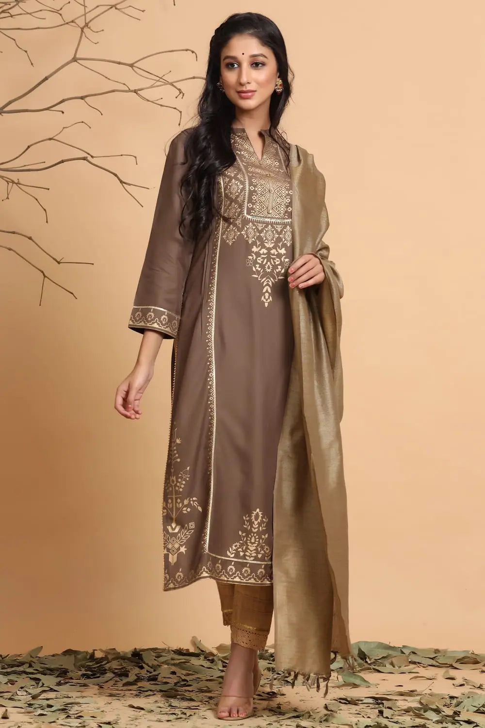 Brown Rayon Printed Kurta Dupatta Set | Indian Kurta Sets