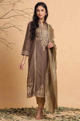 Brown Rayon Printed Straight Kurta Dupatta Set With Rubber-Band