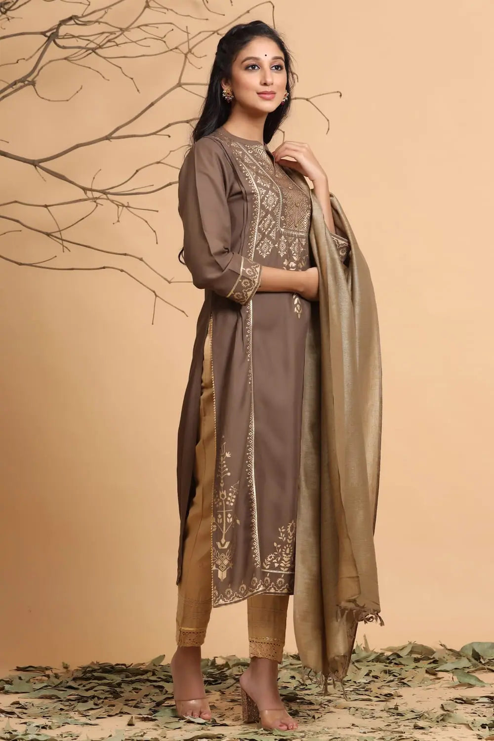 Brown Rayon Printed Kurta Dupatta Set | Indian Kurta Sets