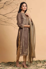 Brown Rayon Printed Straight Kurta Dupatta Set With Rubber-Band