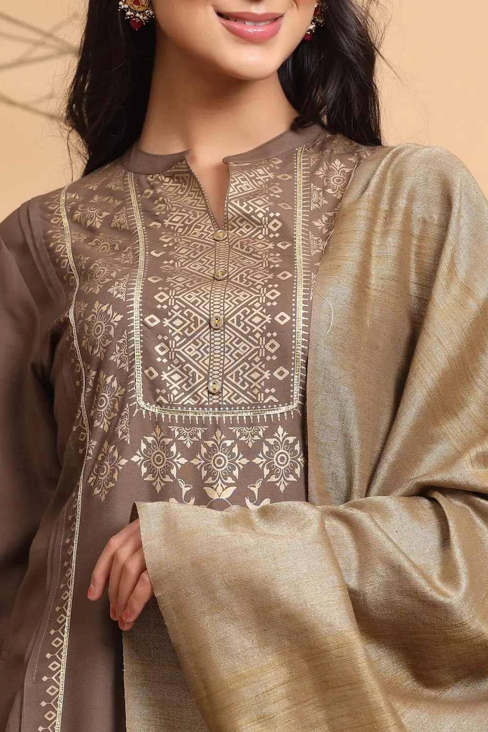 Brown Rayon Printed Kurta Dupatta Set | Indian Kurta Sets