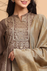 Brown Rayon Printed Straight Kurta Dupatta Set With Rubber-Band