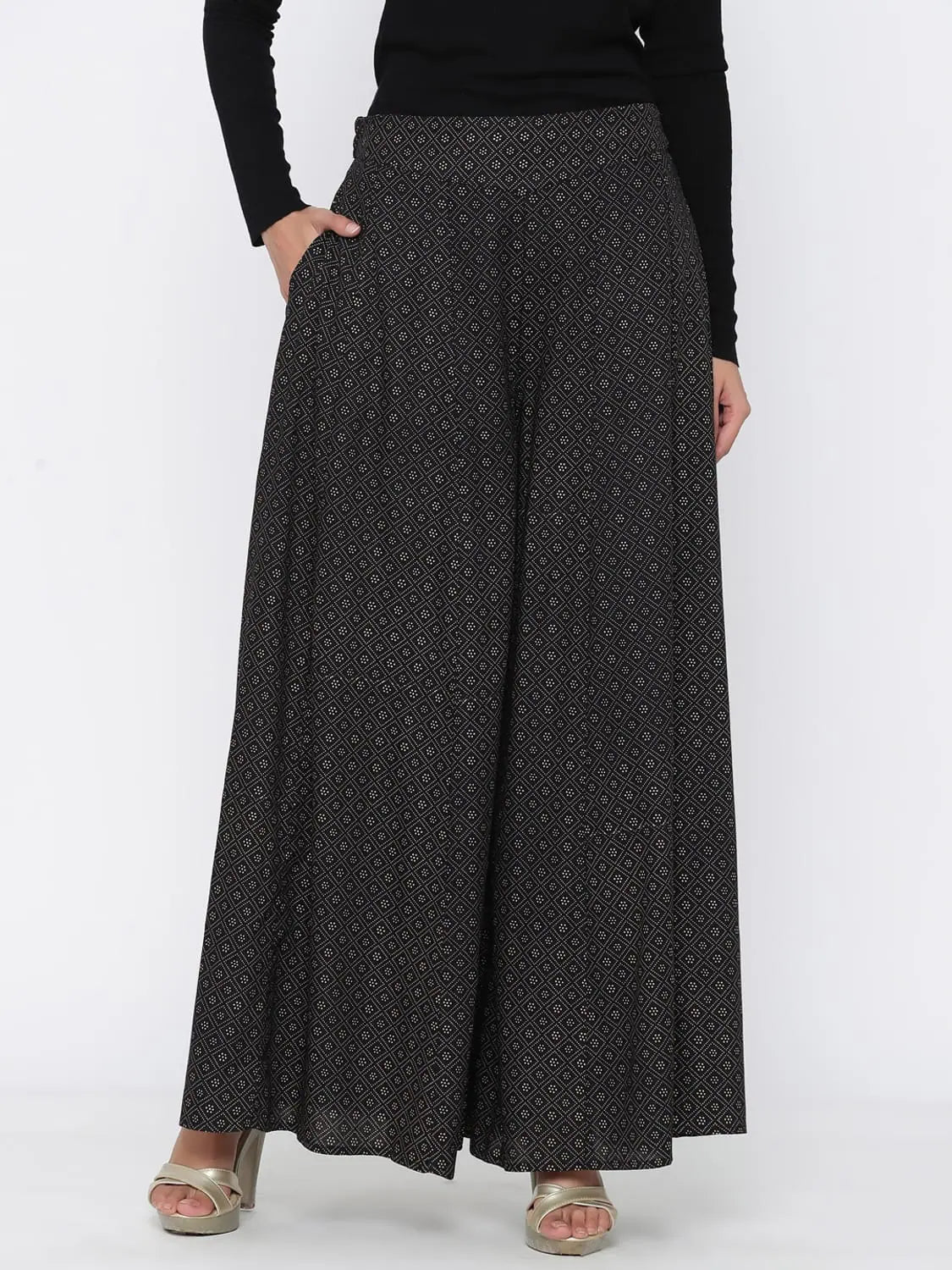 Black Printed Flared Palazzo - Women's Designer Trousers