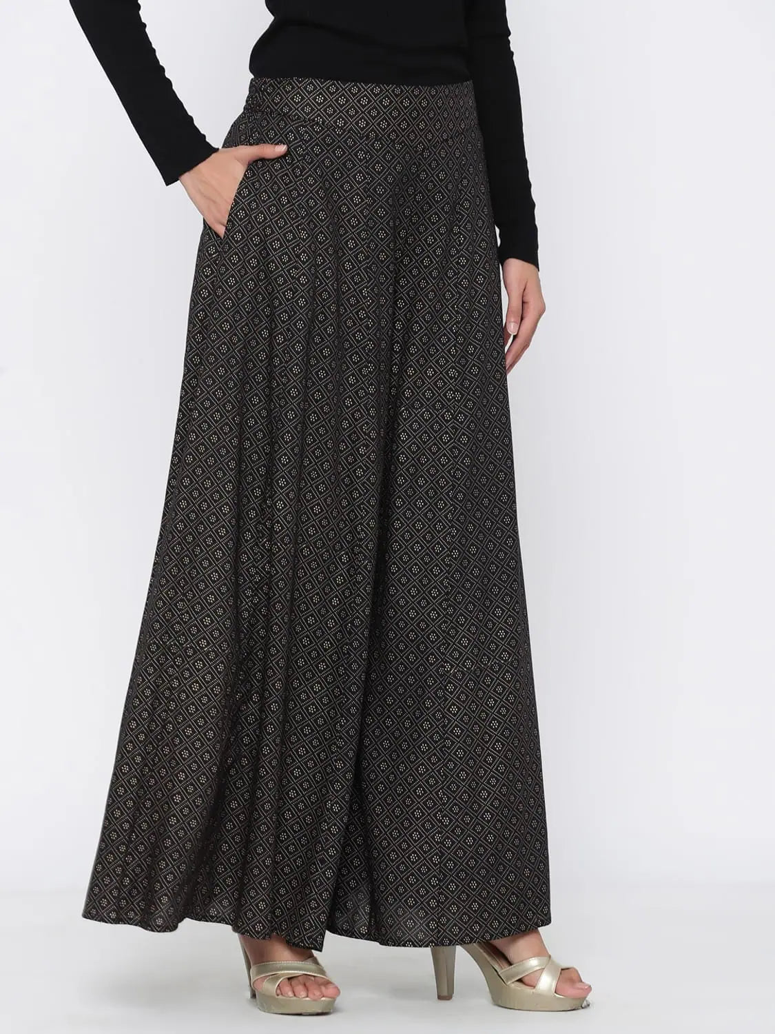 Black Printed Flared Palazzo - Women's Designer Trousers