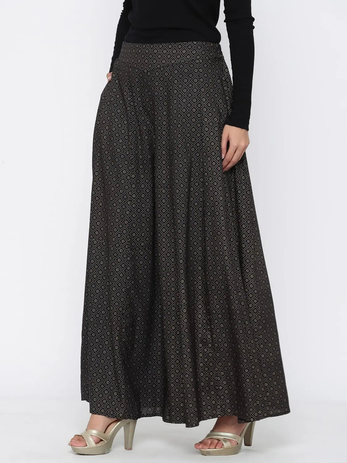 Black Printed Flared Palazzo - Women's Designer Trousers