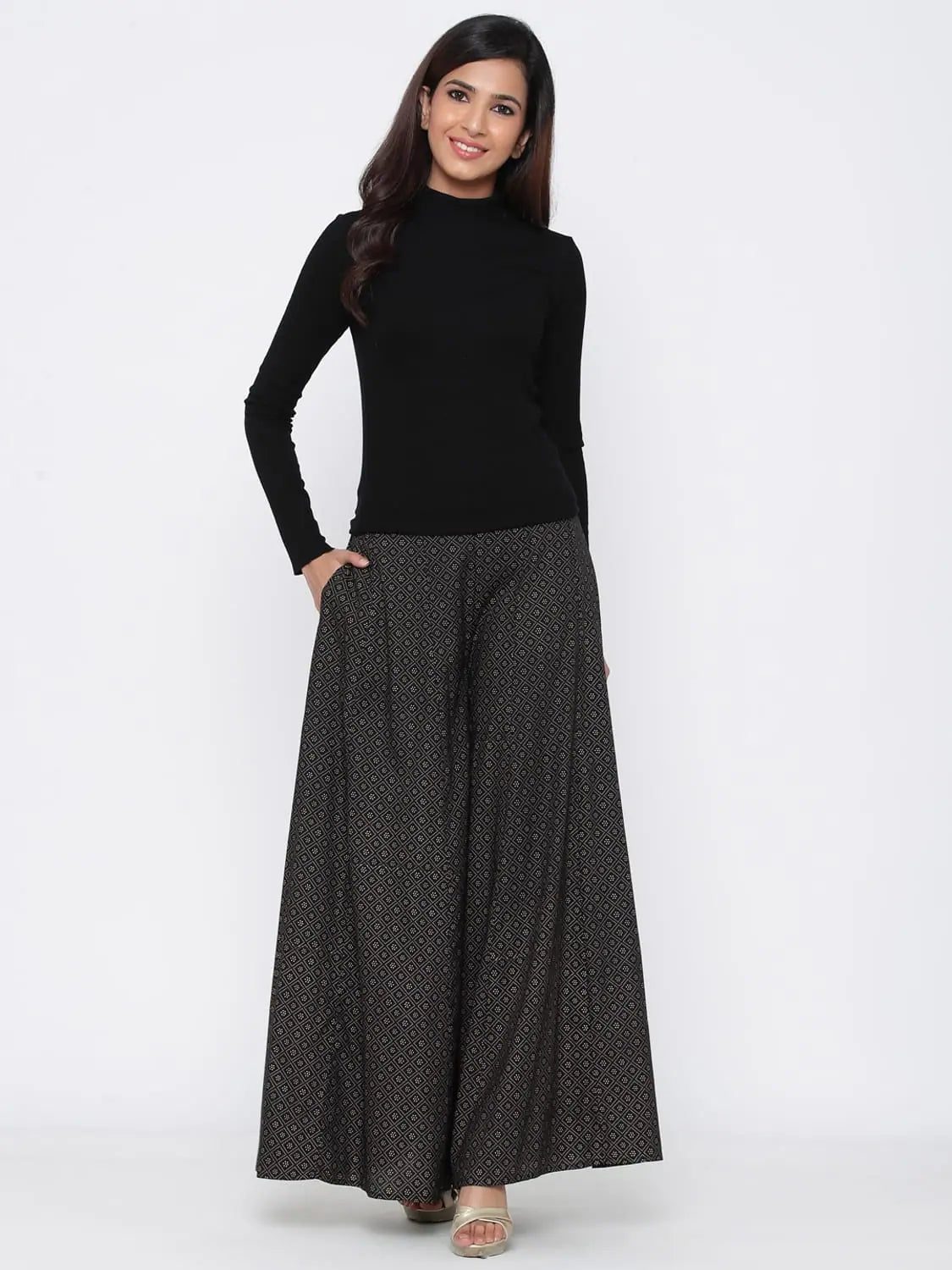 Black Printed Flared Palazzo - Women's Designer Trousers