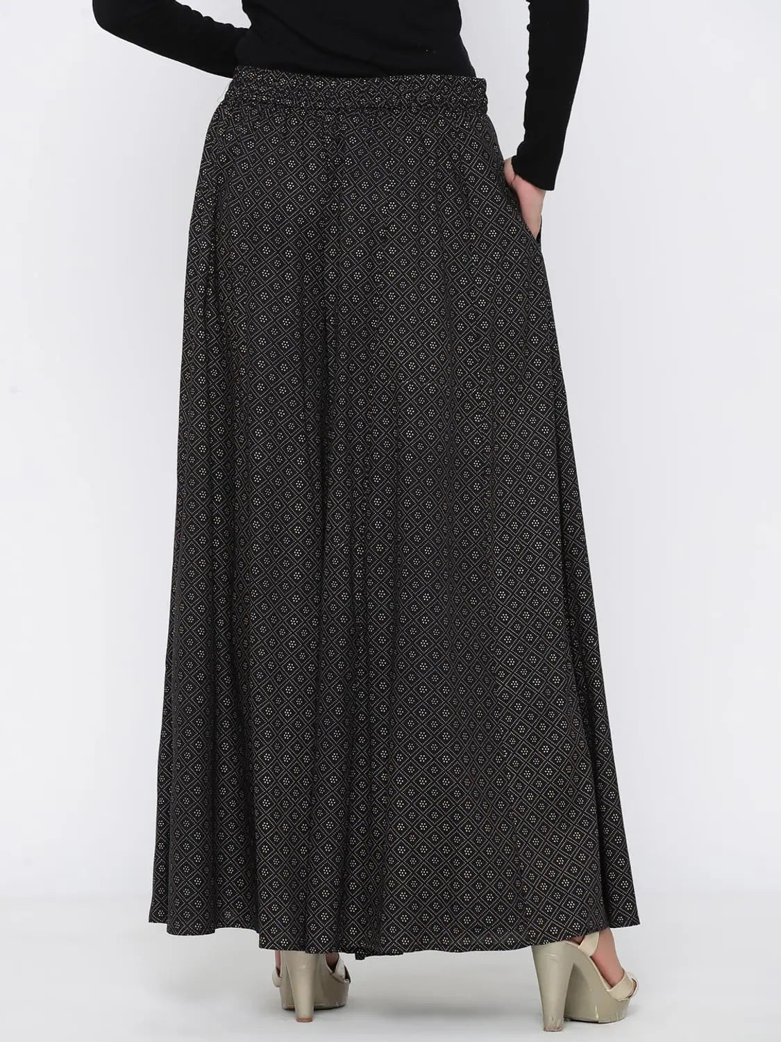 Black Printed Flared Palazzo - Women's Designer Trousers