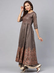 Grey Chanderi Printed Kurta With Solid Skirt