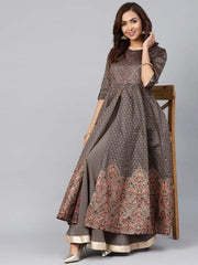 Grey Chanderi Printed Kurta With Solid Skirt