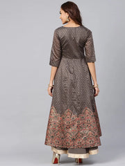 Grey Chanderi Printed Kurta With Solid Skirt