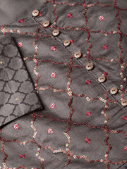 Grey Chanderi Printed Kurta With Solid Skirt