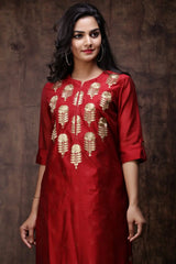 Maroon Chanderi Embroidered 2 Piece Kurta Dress