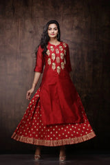 Maroon Chanderi Embroidered 2 Piece Kurta Dress