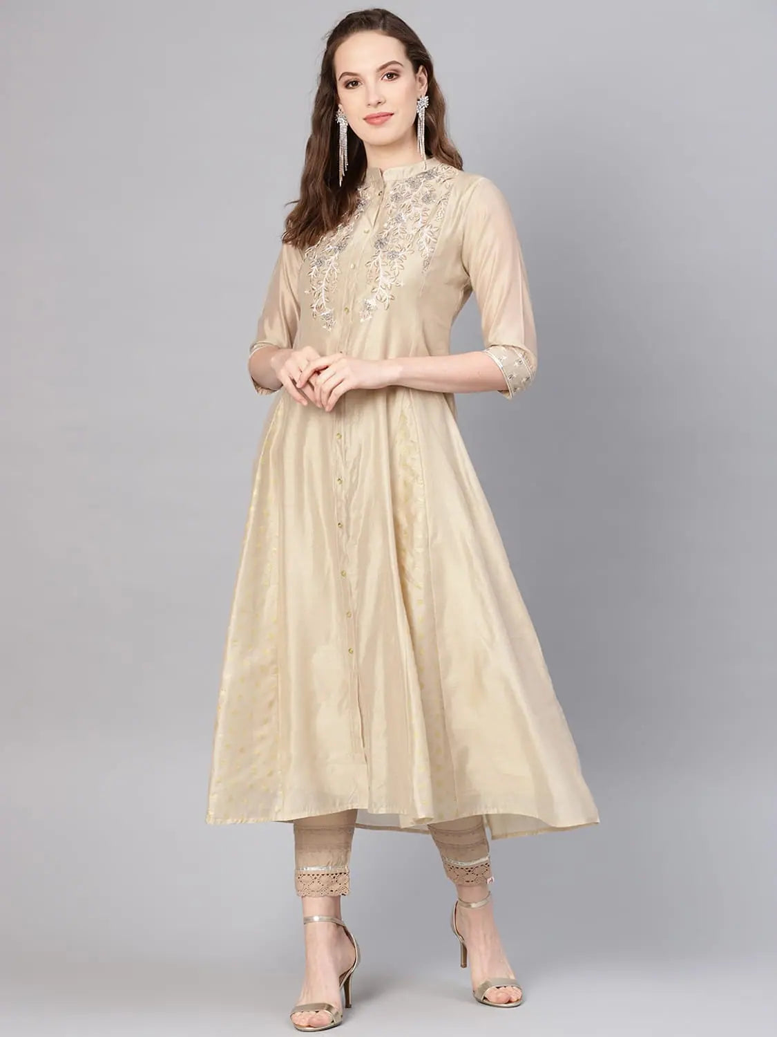 Beige Embroidered Kurta - Silk Chanderi Indian Kurta Ladies