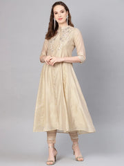 Beige Chanderi Embroidered 2 Piece Kurta
