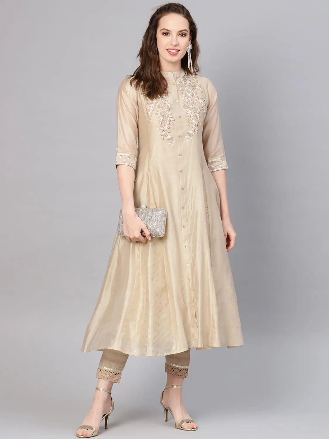 Beige Embroidered Kurta - Silk Chanderi Indian Kurta Ladies