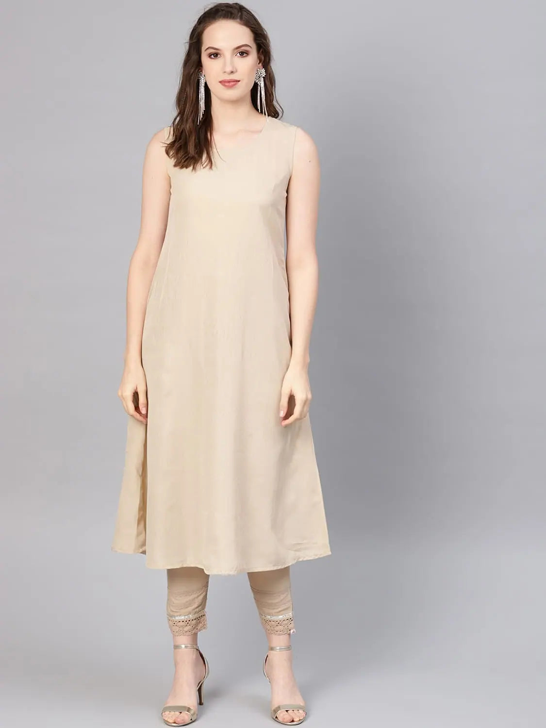 Beige Embroidered Kurta - Silk Chanderi Indian Kurta Ladies