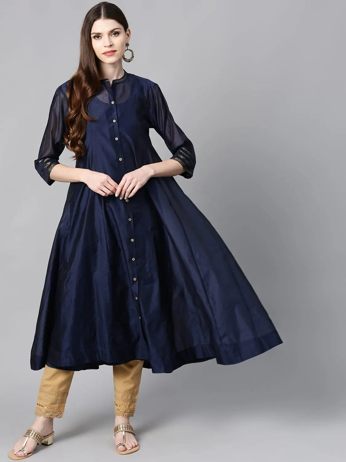 Indigo Silk Kurta with Jacket - Indian Kurtis Embellished Style