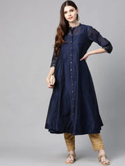 Indigo Chanderi Embellished Jacket Style 2 Piece Kurta