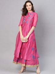 Fuschia Chanderi Embroidered 2 Piece Kurta Dress
