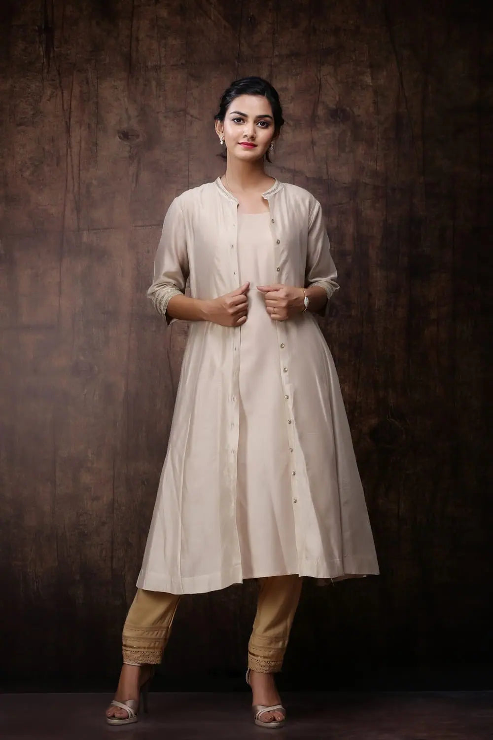 Beige Chanderi Jacket Kurta - Elegant Indian Kurtis for Women