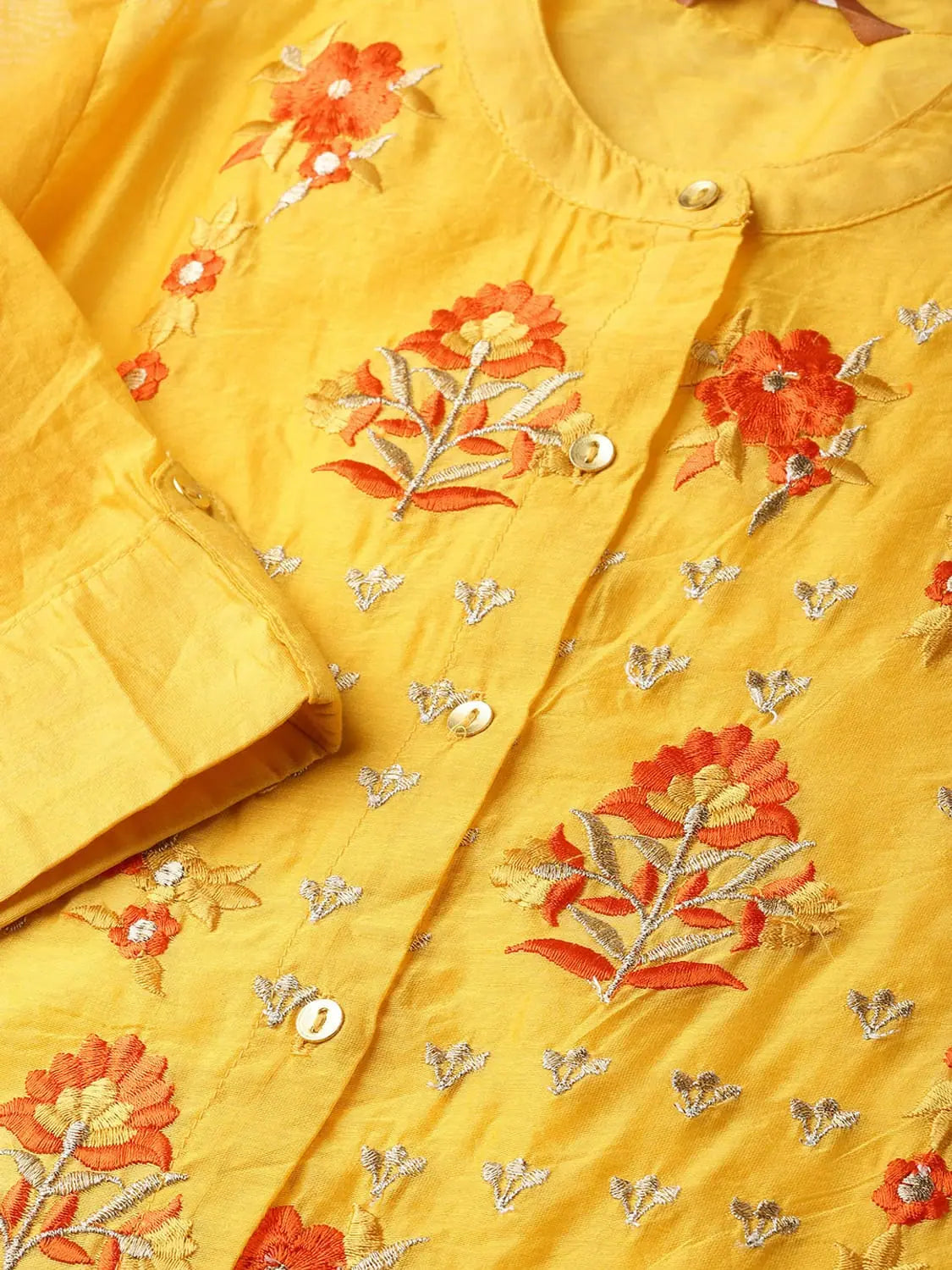 Mustard Chanderi Embroidered Kurta Dress - Indian Dresses Online