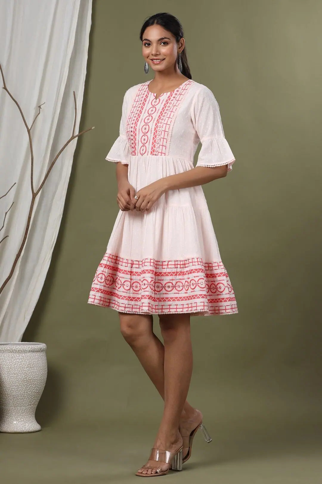 Peach Cotton Dobby Festive Embroidered Tiered Dress For Women