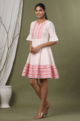 Peach Cotton Dobby Festive Embroidered Tiered Dress For Women