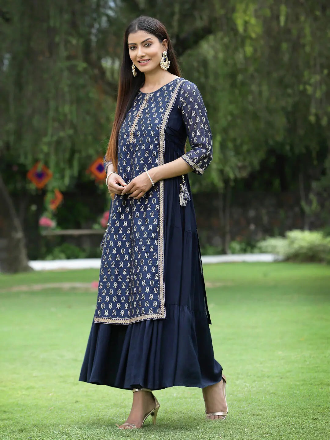 Navy Chanderi Silk Layered Dress- Indian Dresses Online