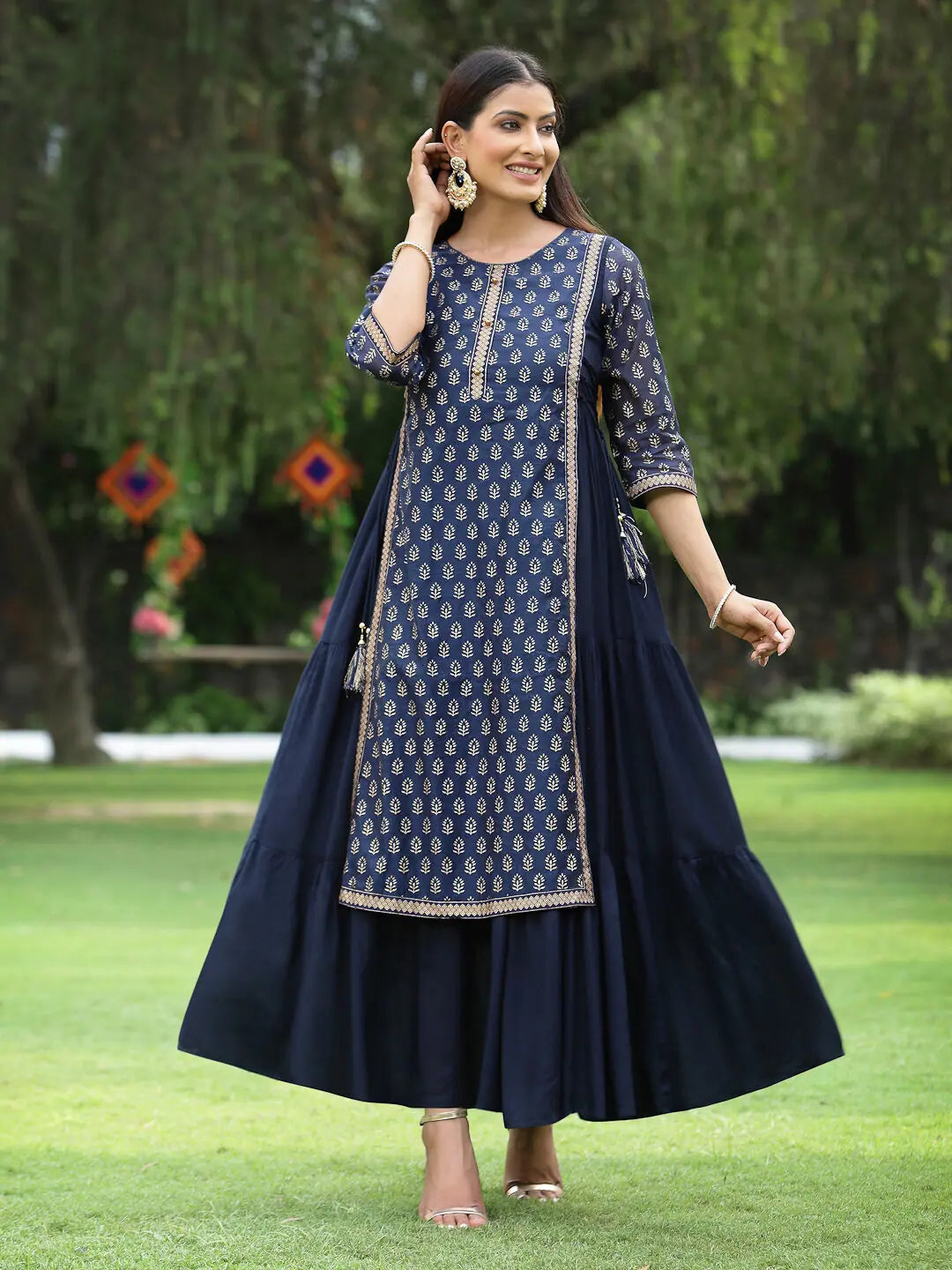 Navy Chanderi Silk Layered Dress- Indian Dresses Online