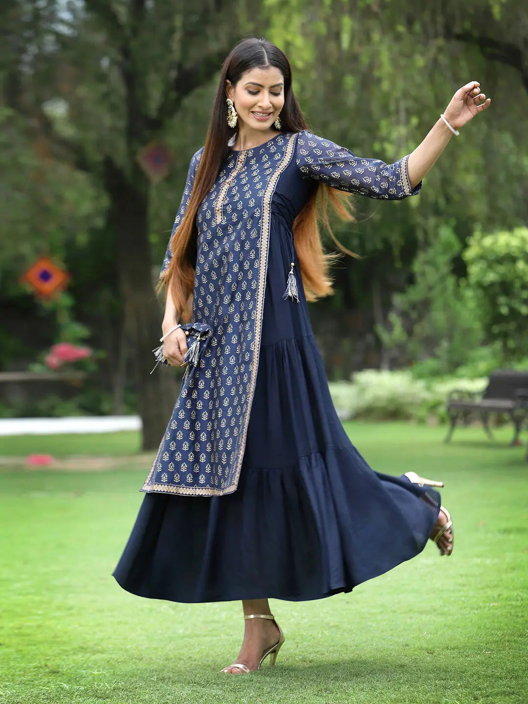 Navy Chanderi Silk Layered Dress- Indian Dresses Online